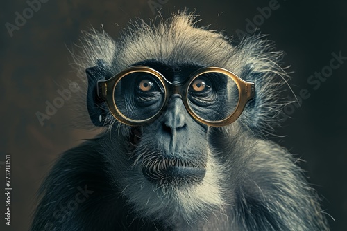  A tight shot of a monkey wearing glasses, with a monkey head in the background