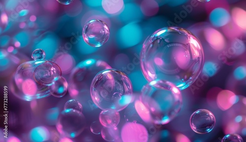 A multitude of soap bubbles hover above a backdrop of blue and pink, filled with numerous bubbles