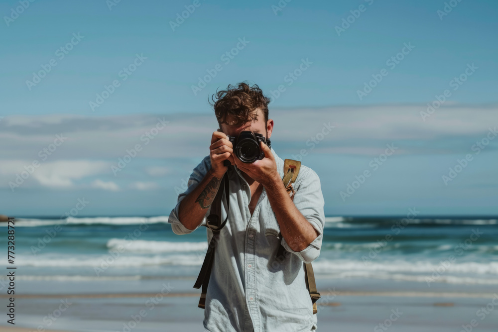 Obraz premium A man on a summer beach capturing moments with his camera