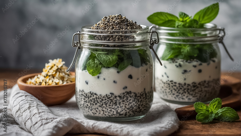 jar of yogurt with mint and chia seeds in the kitchen