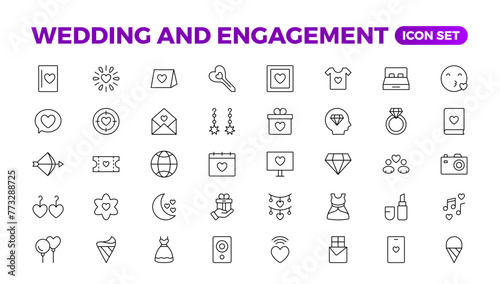 Simple Set of Minimal Wedding Related Vector Line Icons. The wedding outline icon set includes thin line rose, candle, marriage, bouquet, groom, tent, dove icons for report, presentation, and diagram.