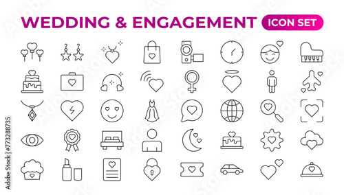 Simple Set of Minimal Wedding Related Vector Line Icons. The wedding outline icon set includes thin line rose, candle, marriage, bouquet, groom, tent, dove icons for report, presentation, and diagram.