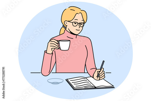 Woman sit at table drink coffee taking notes in notebook. Girl handwrite in pad enjoy drink from cup at home. Vector illustration.