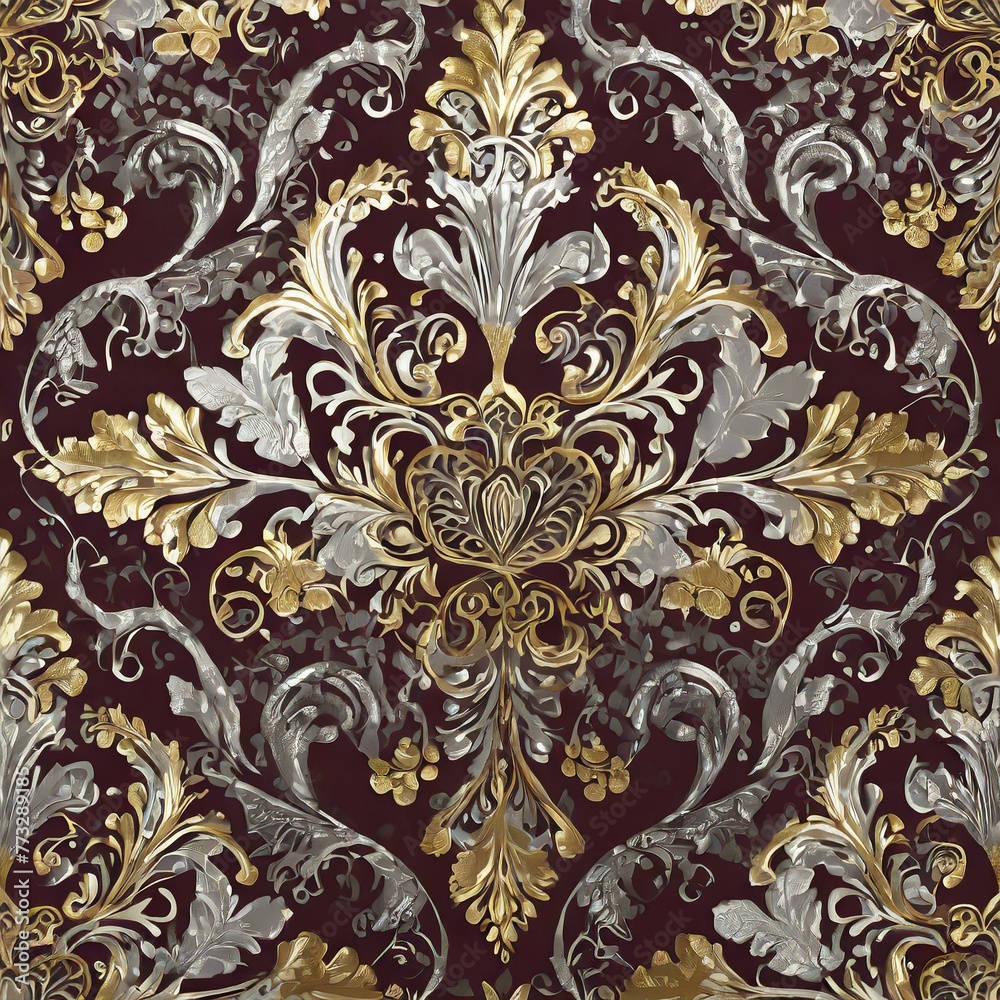 pattern.A sophisticated wallpaper featuring a metallic gold and silver damask pattern on a rich burgundy background, adding a touch of luxury and glamour to any space.