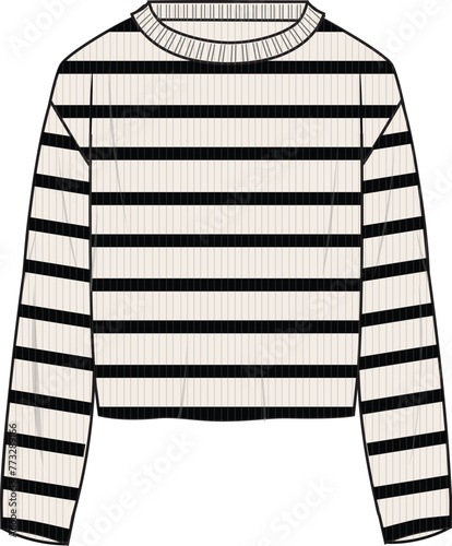 Women's Striped Jumper. Technical fashion illustration. Front, ecru, and black color. Women's CAD mock-up.