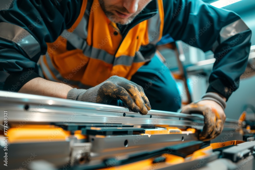Worker inspecting machinery at a manufacturing plant Worker inspecting machinery at a manufacturing plant
