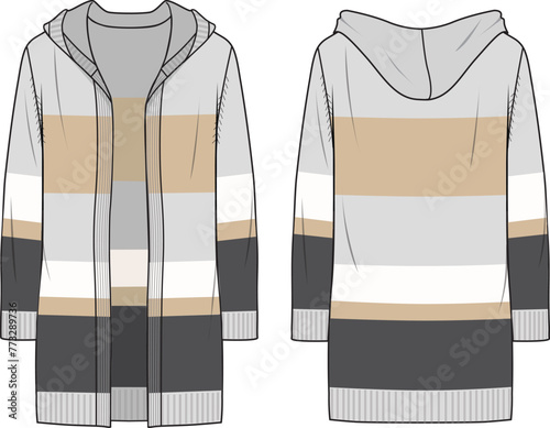 Women's Hooded Striped Long Line Cardigan. Technical fashion illustration. Front and back, colored. Women's CAD mock-up.