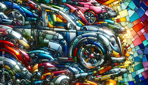 A colorful and stylish abstract artistic reflective glass mosaic, created from squished cars from a junkyard