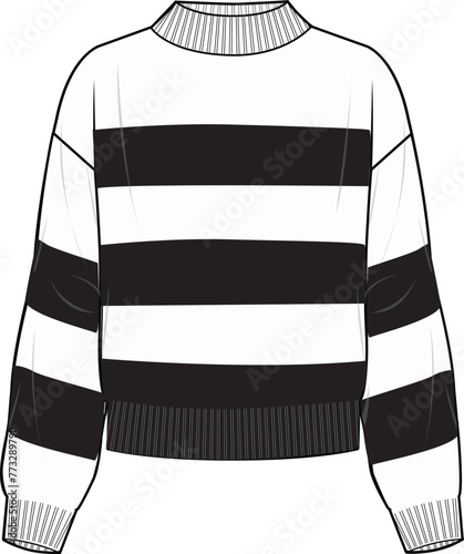 Women's Striped High Neck Jumper. Technical fashion illustration. Front, white and black color. Women's CAD mock-up.
