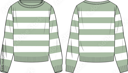 Women's Striped Jumper. Technical fashion illustration. Front and back, colored. Women's CAD mock-up.