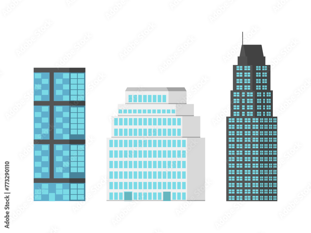 Fototapeta premium Exterior of modern city buildings. Skyscrapers urban structure with house facade. Residential and business office houses. Modern flat isolated on white background. Metropolis. Vector illustration.
