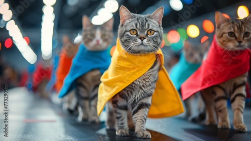 Charming cats strut down the runway in vibrant superhero capes at an exclusive pet fashion show