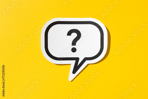 Question mark on speech bubble isolated on yellow background. Doubt, confusion, uncertainty concept