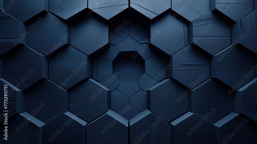 Hexagonal dark blue navy background texture placeholder, radial center space, 3d rendering backdrop Hexagonal dark blue navy background texture placeholder, radial center space, 3d rendering backdrop