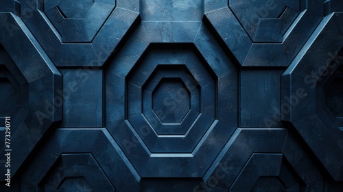 Hexagonal dark blue navy background texture placeholder, radial center space, 3d rendering backdrop photo