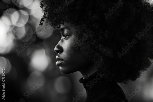 A black and white portrait of a woman with curly hair, captivating the viewer with her enigmatic gaze and dynamic hair texture. © AiHRG Design