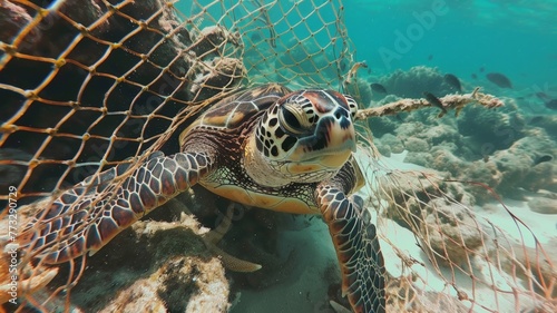 Turtles are caught in fishing nets on the seabed.World Ocean Day world environment day. Virtual image.