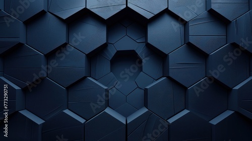 Hexagonal dark blue navy background texture placeholder, radial center space, 3d rendering backdrop