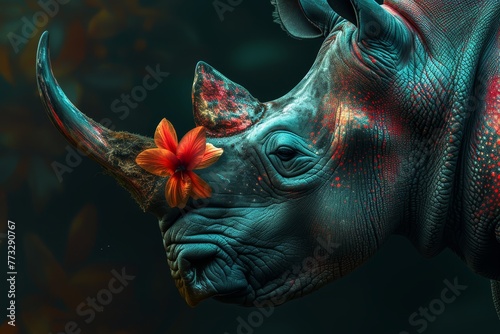   A tight shot of a rhino with a flower atop its nostrils amidst a backdrop of leafy greens and vibrant blooms photo