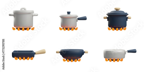 Vector kitchen design 3d icon pots and pans on a white background