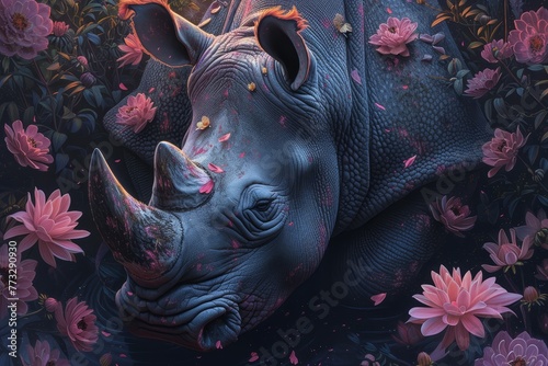   A rhinoceros painting with pink flowers adorning its back and an erect head © Mikus