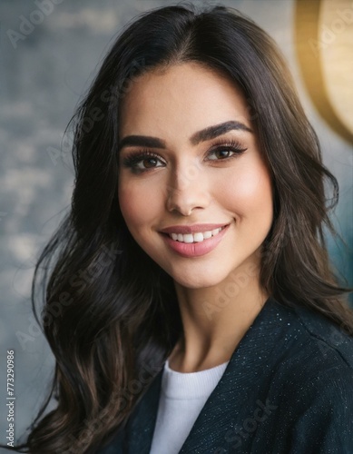 Studio portrait of adorable brunette woman with perfect skin posing with light smile at her face while spending time at the studio. Beauty and woman appearance concept