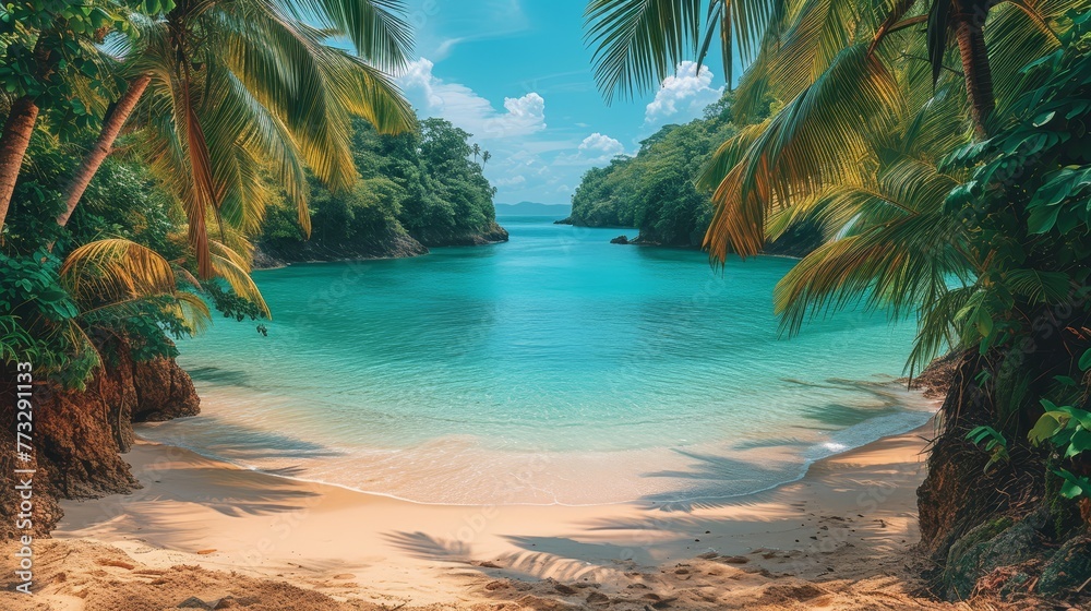 A sunny day at a sandy beach, surrounded by palm trees, features blue water and white sand in the foreground A sunny day at a sandy beach, surrounded by palm trees, features blue water and white sand in the foreground