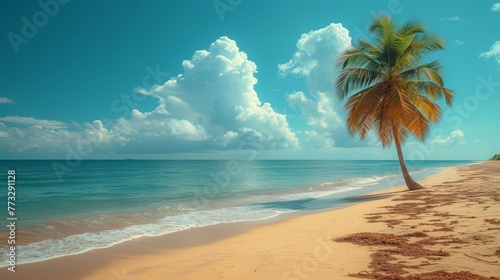  A palms tree sits atop a sandy beach beneath a blue sky, its backdrop adorned with cloud-speckled white wisps