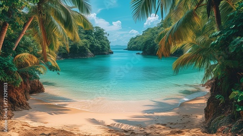  A sunny day at a sandy beach, surrounded by palm trees, features blue water and white sand in the foreground