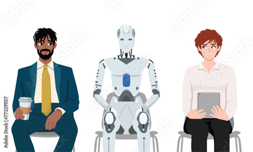 AI robot sits among twoa frustrated job seekers losing jobs due to innovative technologies and robotization of production. Flat vector illustration isolated on white background