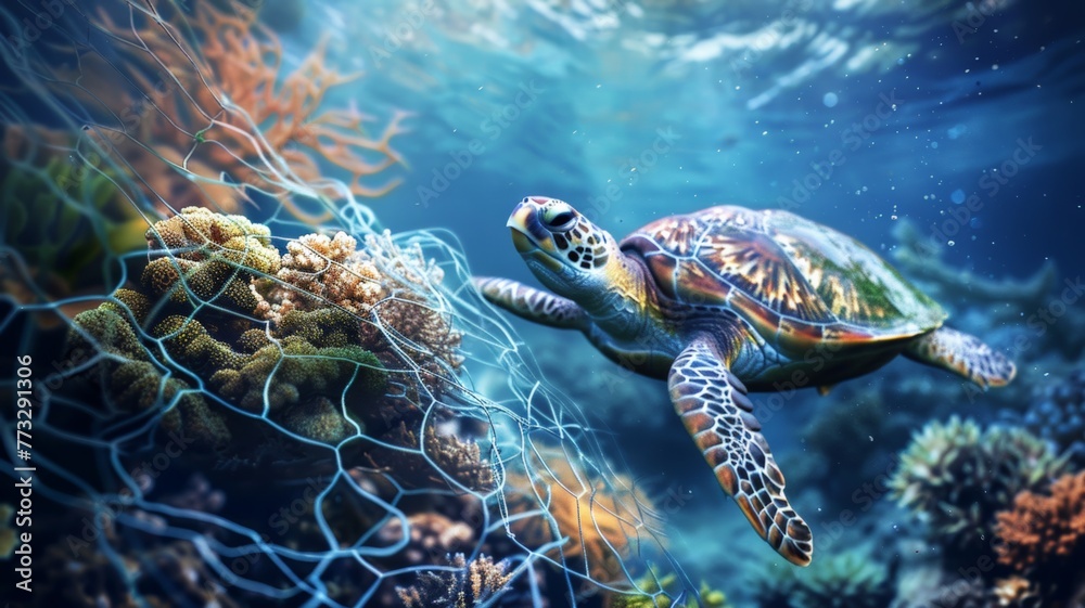 Obraz premium Turtles are caught in fishing nets on the seabed.World Ocean Day world environment day. Virtual image.