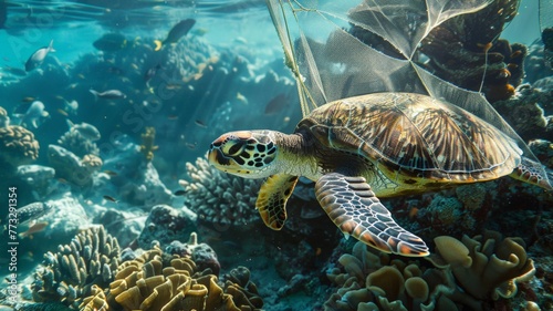 Turtles are caught in fishing nets on the seabed.World Ocean Day world environment day. Virtual image. © Annawet boongurd