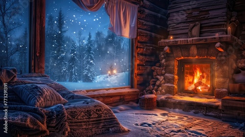The warmth of a cozy fireplace in a cabin during a snowy evening