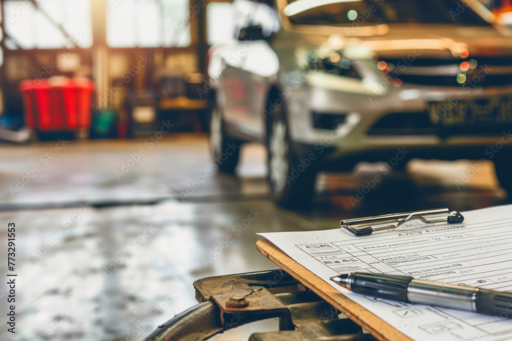 custom made wallpaper toronto digitalA clipboard placed on a car featuring an insurance claim form and maintenance checklist in a garage