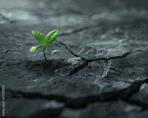 A digital artwork of a seedling growing through cracks in concrete representing perseverance