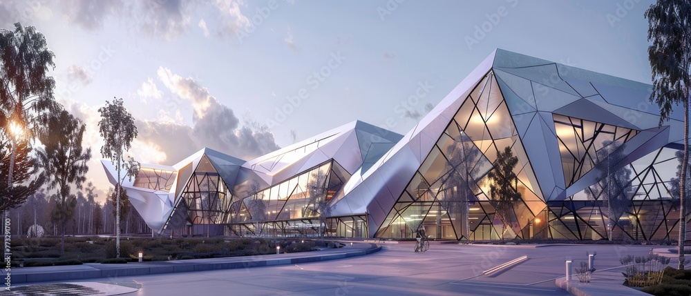 Fototapeta premium A high-tech research facility with a dynamic origami-inspired exterior