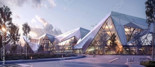 A high-tech research facility with a dynamic origami-inspired exterior photo