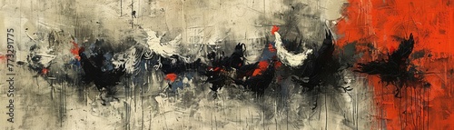 A modern abstract composition inspired by the movement of chickens pecking at the ground photo