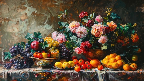 A still life painting of luminous fruits and flowers showcasing the glossy finish of oil paints