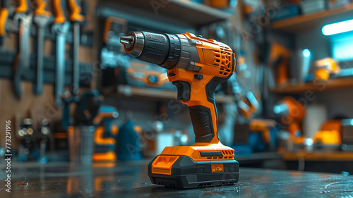 Orange and black power tool ready for a DIY project in a workshop © vectorizer88