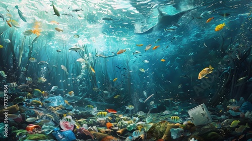 Divers collect garbage under the sea . world ocean day world environment day Virtual image. © Tong