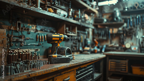 Electric drill beside screws with a backdrop of industrial shelves photo