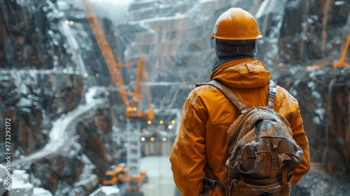 Construction worker at dam construction site generative ai