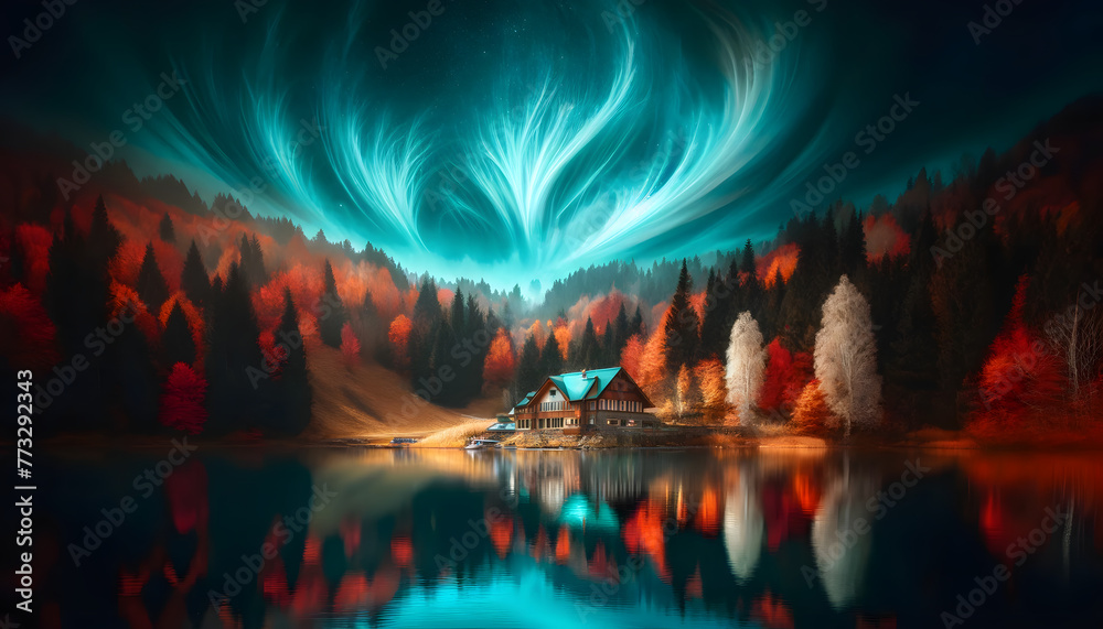 A serene lakeside landscape with an ethereal sky. The tranquil lake mirrors the warm autumn hues and the rustic house, while the sky performs a celestial dance with an otherworldly aurora