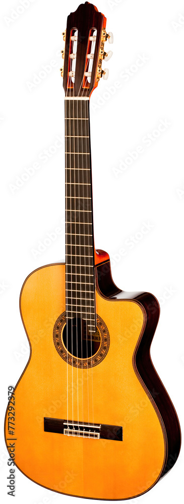 Obraz premium Classical Spanish flamenco guitar close up, dramatically lit isolated on white background with copy space.