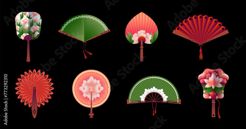 Hand paper fans. Oriental souvenirs. Japanese vintage tradition design. Japan or China pattern object. Handheld cooling geisha attribute. Chinese clothing. Vector Asian accessories set