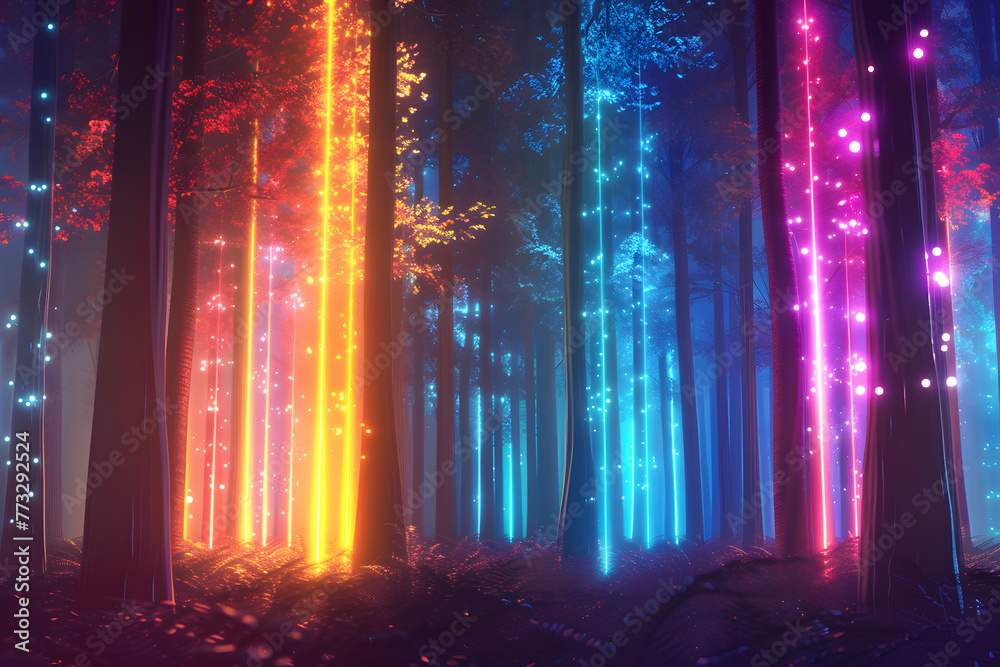Abstract tree in forest with colorful neon light.
