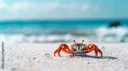 A crab on the beach behind the sandy beach on a clear day. world ocean day world environment day .Virtual image. © Annawet boongurd