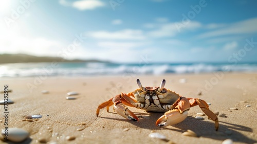 A crab on the beach behind the sandy beach on a clear day. world ocean day world environment day .Virtual image.