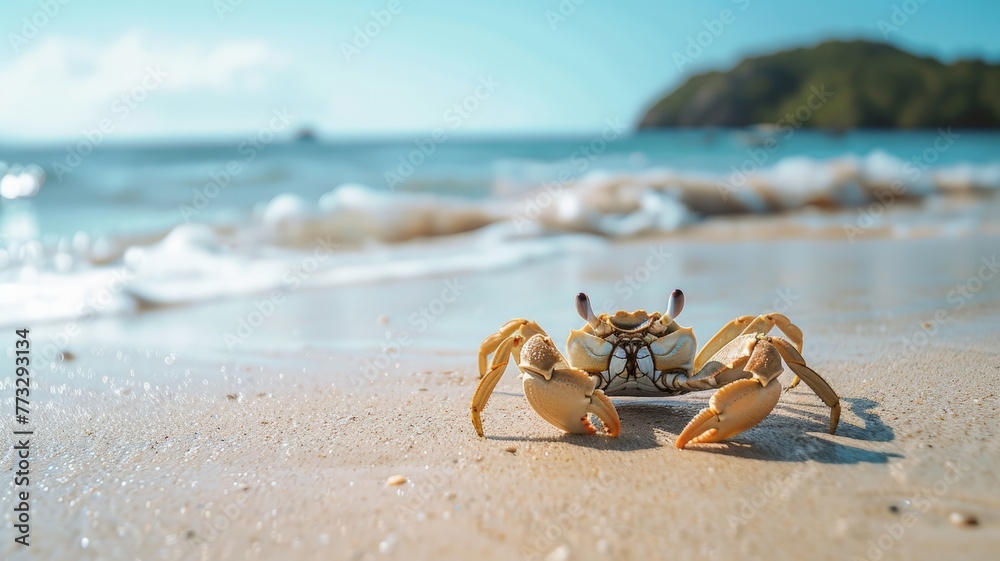 A crab on the beach behind the sandy beach on a clear day. world ocean day world environment day .Virtual image.